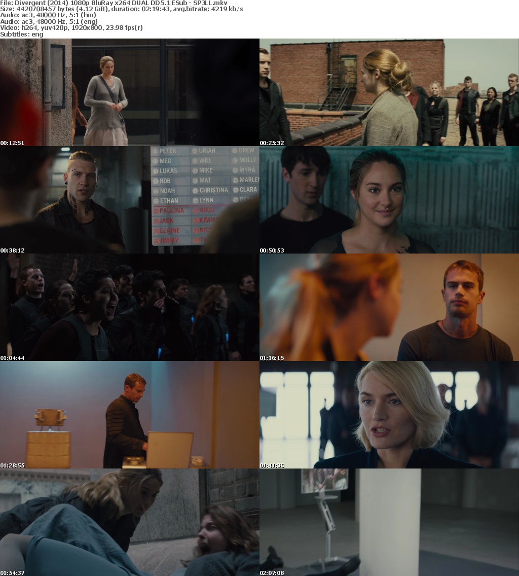 Divergent (2014) 1080p BluRay x264 Hindi DD5 1 English DD5 1 ESub - SP3LL